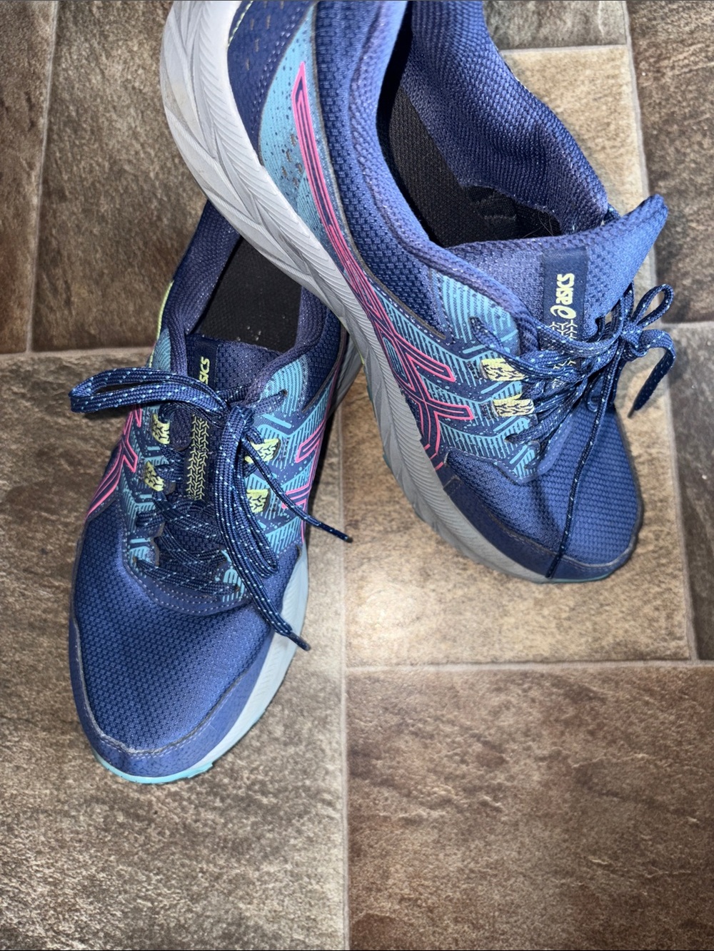 ASICS Navy Blue Athletic Running Shoes with Pink and Light Blue Accents